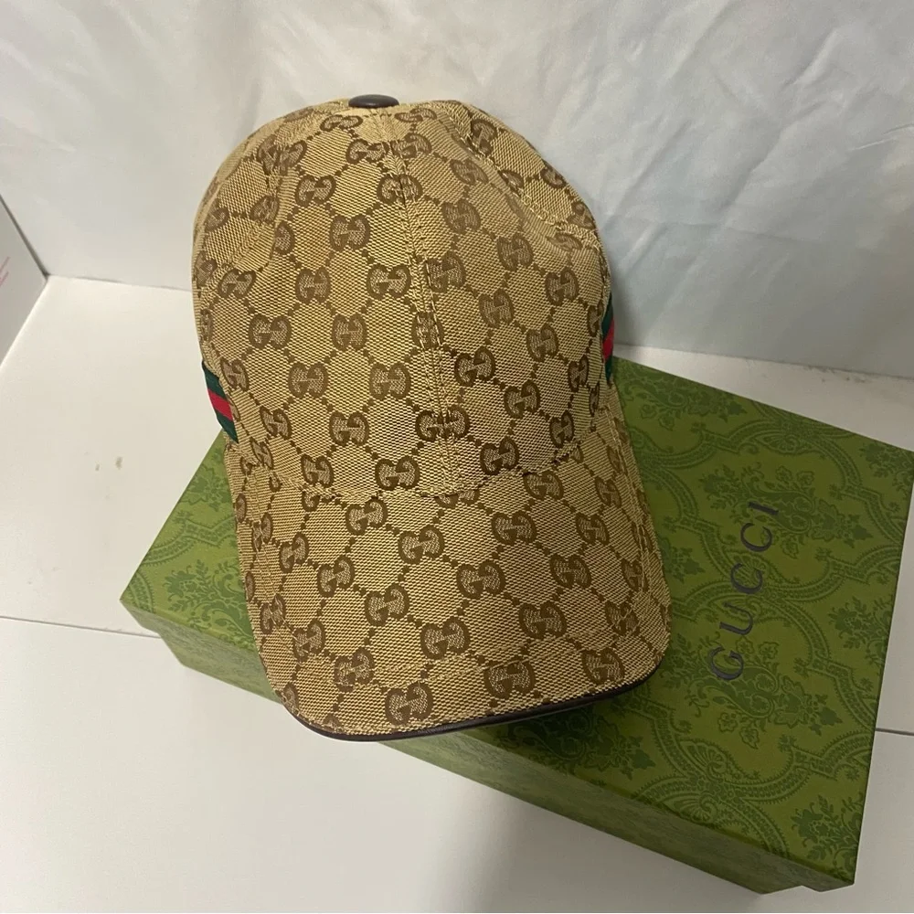 Gucci Tan GG Canvas Baseball Cap with Red-Green Web
